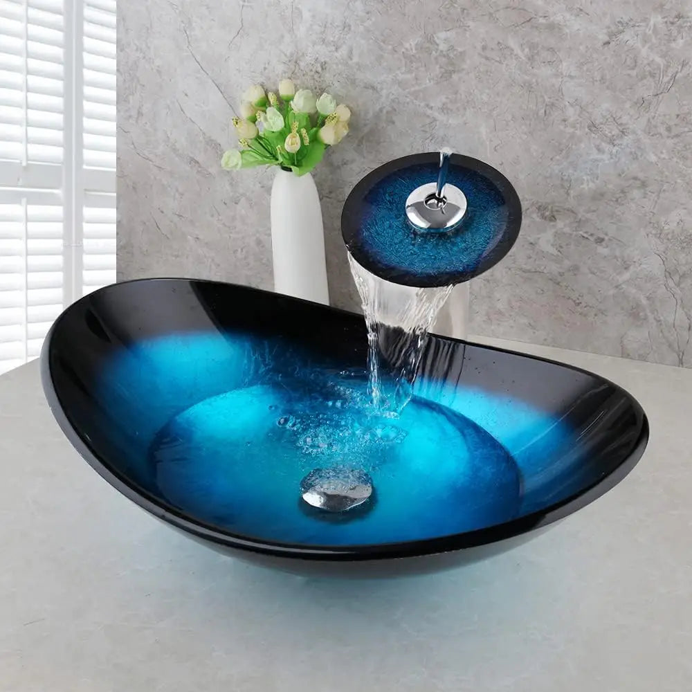 ZAPPO Tempered Glass Bathroom Vessel Sink with Waterfall Black Faucet Tap Bathroom Oval Blue Vessel Sinks Above Counter Basin