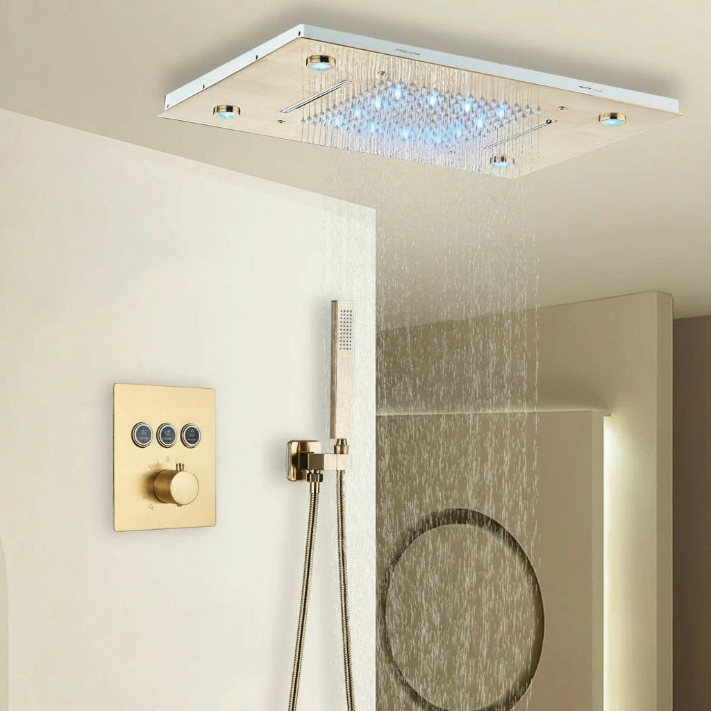 Black Thermostatic Bathroom Shower Faucet Set Remote LED Rainfall Head Faucets Crane 3 Way Concealed Embedded Hot Cold Mixer Tap