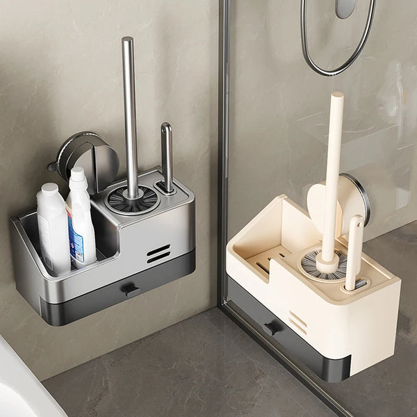Wall-Mounted Bathroom Storage Rack With Suction Cup Toilet Brush No Drilling Required - New Toilet Brush For Spotless Cleaning