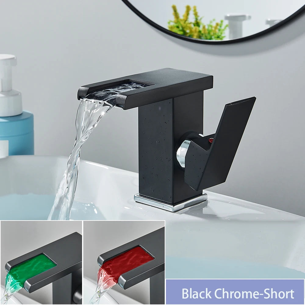 LED Bathroom Sink Faucet Brass Waterfall Faucet BlackBathroom Hot/Cold Mixer Crane Deck Mounted Wash Sink Taps Single Handle Tap