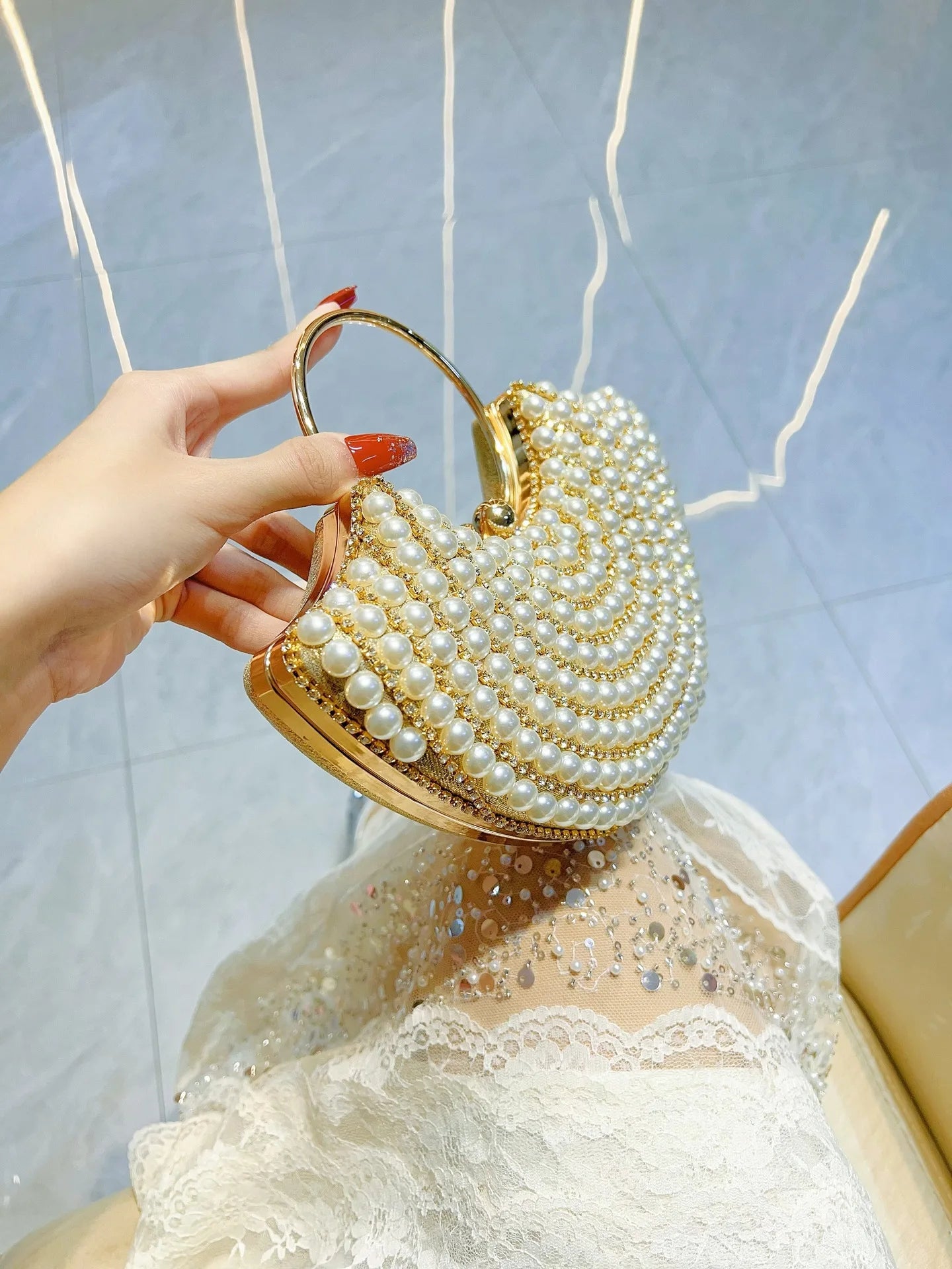 Luxurious Design Sparkling Banquet Clutch Bag Fashion Pearl inlay Wedding Handbag Lady Chain Shoulder Bag New Clutch Purse