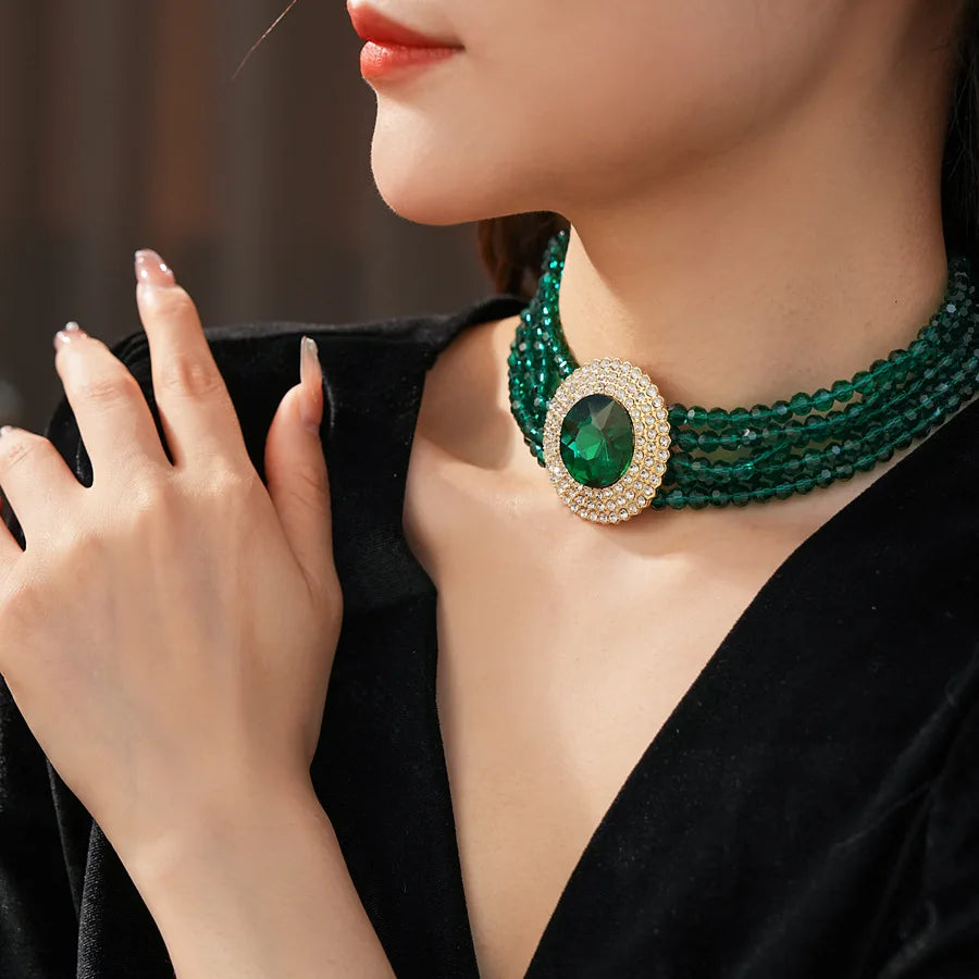 Inlaid Rhinestone Glass Round Green Jewelry Sets for Women Necklace Emerald Light Luxury Collarbone Chain Earrings Set Wedding