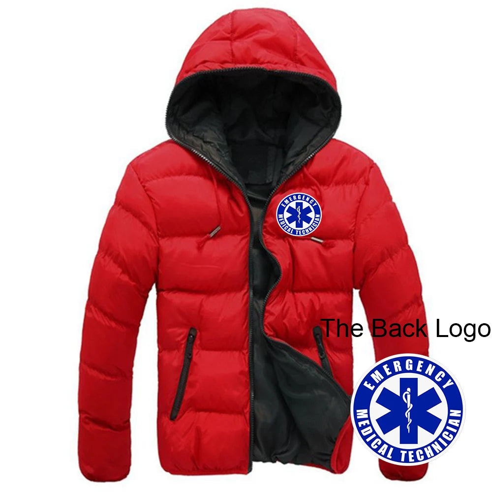 2025 Autumn Winter EMT Emergency Ambulance Print Contrast Color Design Cotton Jacket Men Casual Hooded Cold Prevention Down Coat