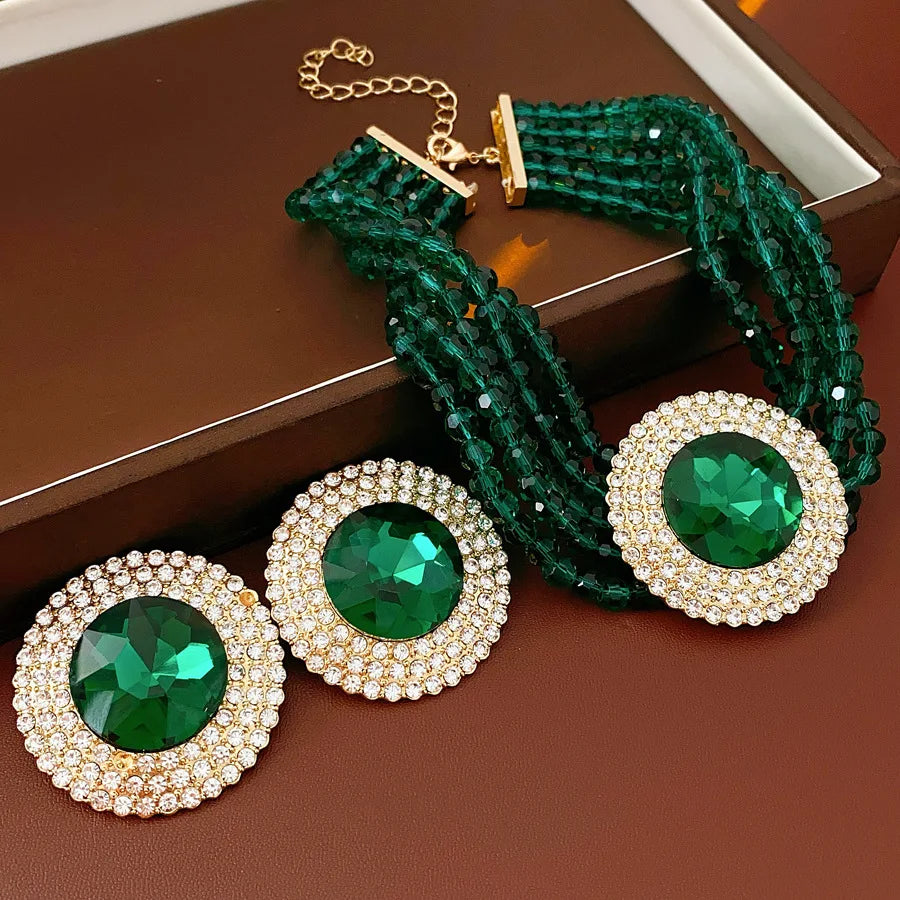 Inlaid Rhinestone Glass Round Green Jewelry Sets for Women Necklace Emerald Light Luxury Collarbone Chain Earrings Set Wedding