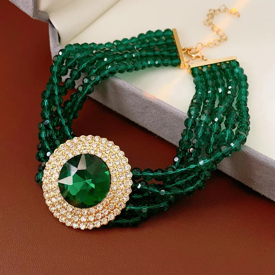 Inlaid Rhinestone Glass Round Green Jewelry Sets for Women Necklace Emerald Light Luxury Collarbone Chain Earrings Set Wedding