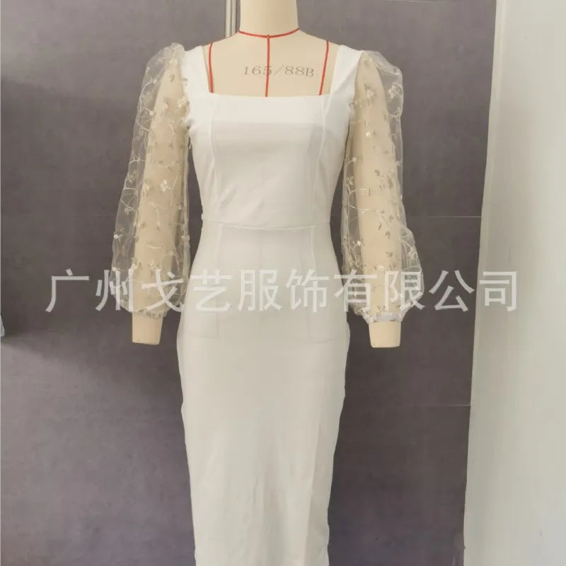 Elegant Dresses 2025 Woman Temperament Vestidos Largos French Dress Simple Style Solid Color Package Hip Patchwork Puff Sleeves