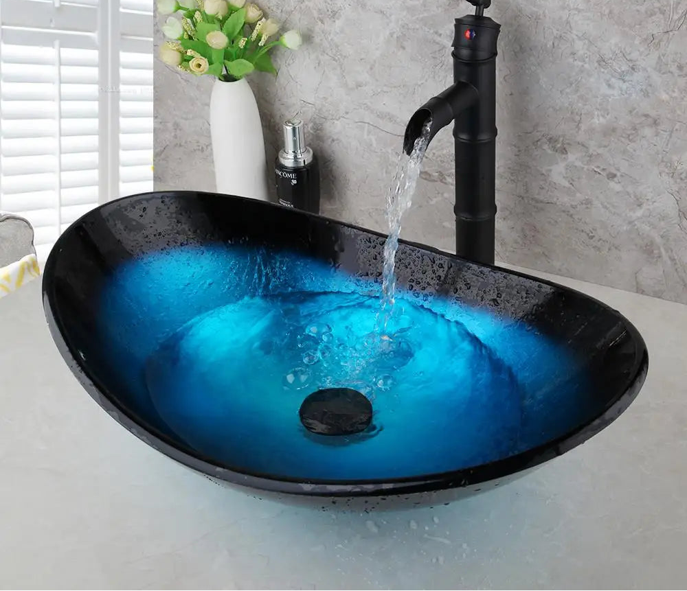 ZAPPO Tempered Glass Bathroom Vessel Sink with Waterfall Black Faucet Tap Bathroom Oval Blue Vessel Sinks Above Counter Basin