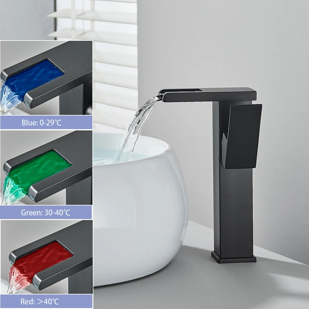 LED Bathroom Sink Faucet Brass Waterfall Faucet BlackBathroom Hot/Cold Mixer Crane Deck Mounted Wash Sink Taps Single Handle Tap