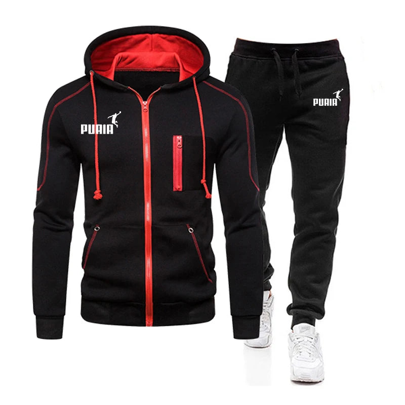 Mens Tracksuit Casual Zipper Jacket+Sweatpants 2 Pcs Set Fitness Sweatshirts Suits Hooded Coat Outdoors Jogging Mens Clothing