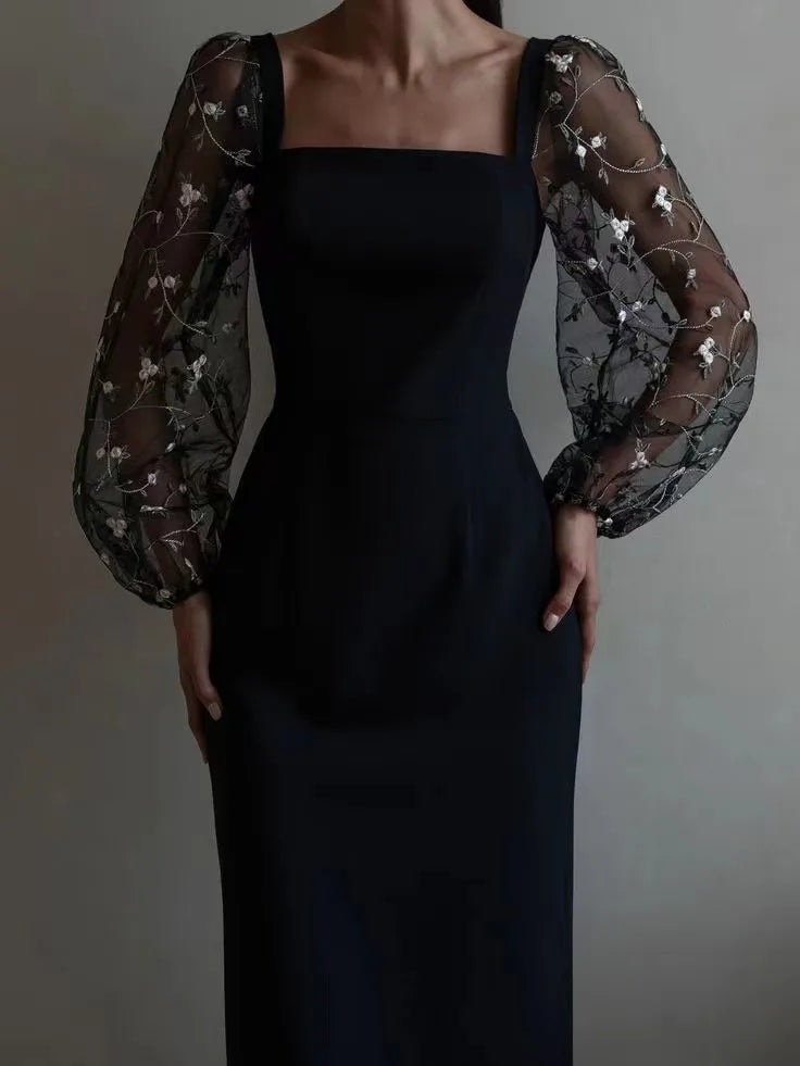 Elegant Dresses 2025 Woman Temperament Vestidos Largos French Dress Simple Style Solid Color Package Hip Patchwork Puff Sleeves