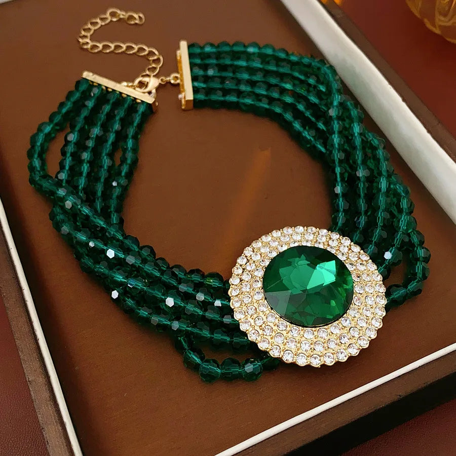 Inlaid Rhinestone Glass Round Green Jewelry Sets for Women Necklace Emerald Light Luxury Collarbone Chain Earrings Set Wedding
