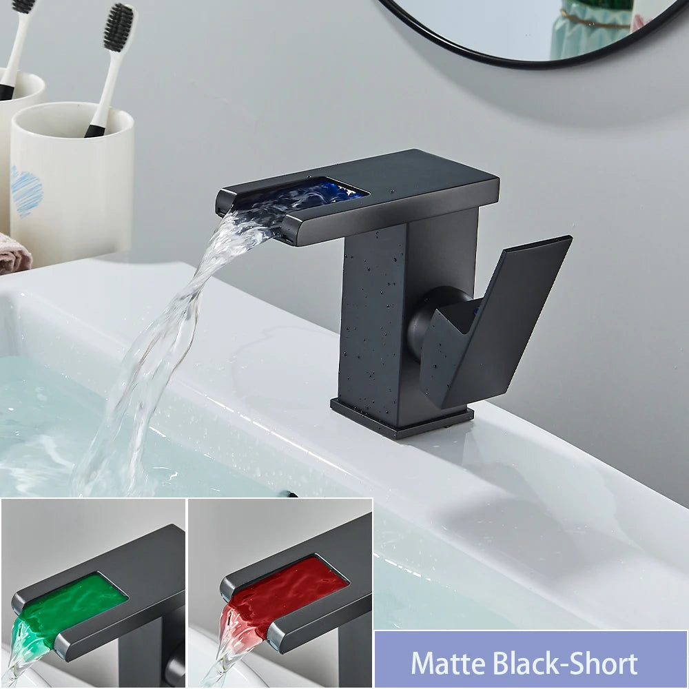 LED Bathroom Sink Faucet Brass Waterfall Faucet BlackBathroom Hot/Cold Mixer Crane Deck Mounted Wash Sink Taps Single Handle Tap