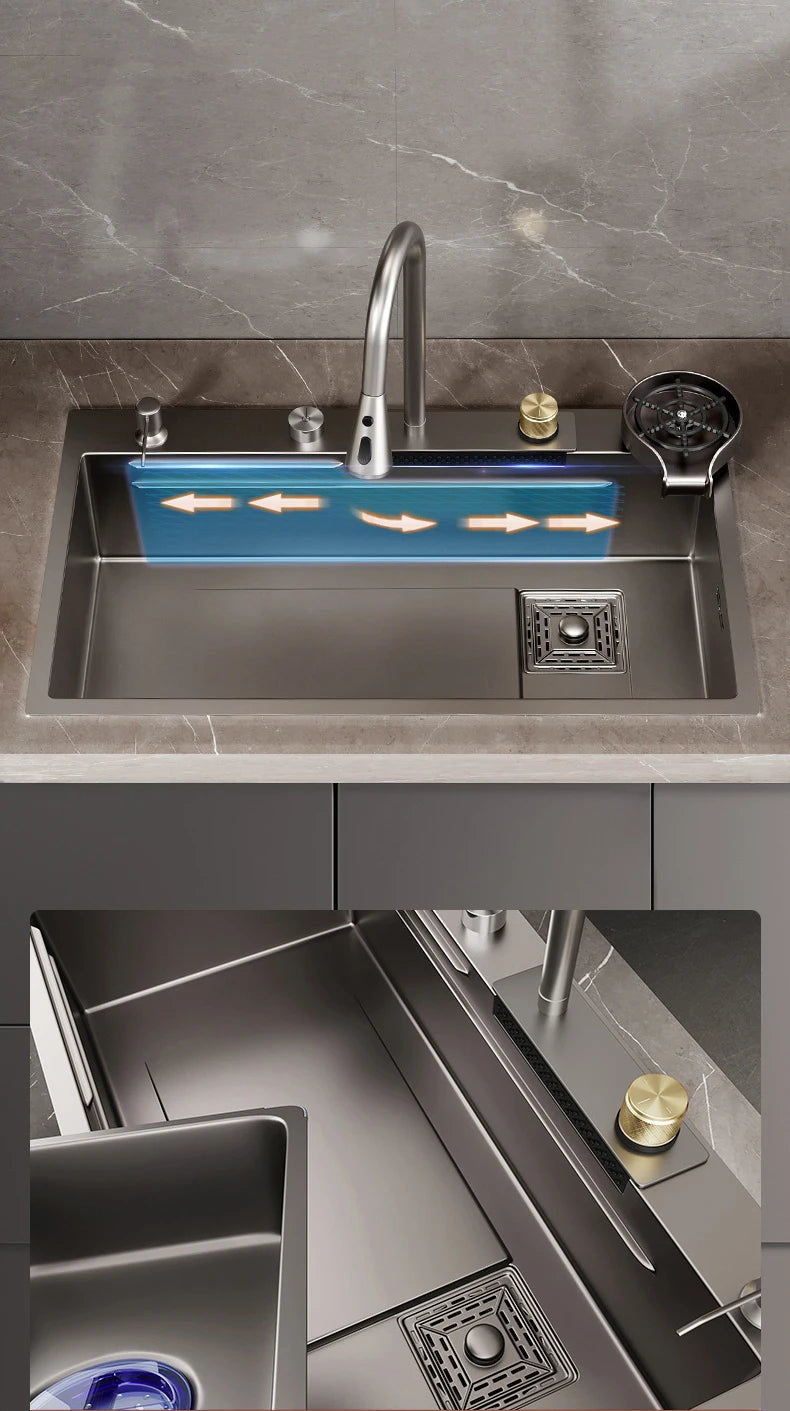 Multifunction Black Nano Kitchen Sink Waterfall Faucet Large Single Bowl Cup Washer Pure Tap Soap Dispenser 304 Stainless Steel