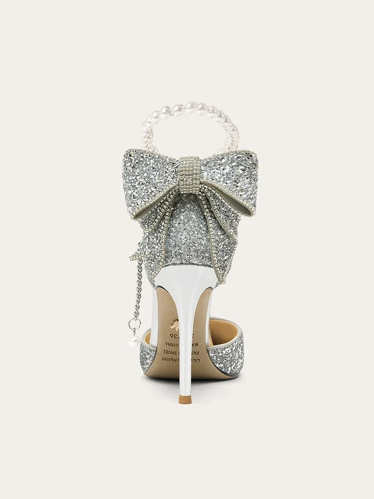 French new pointy shallow mouth temperament elegant sequin bow high heels women&