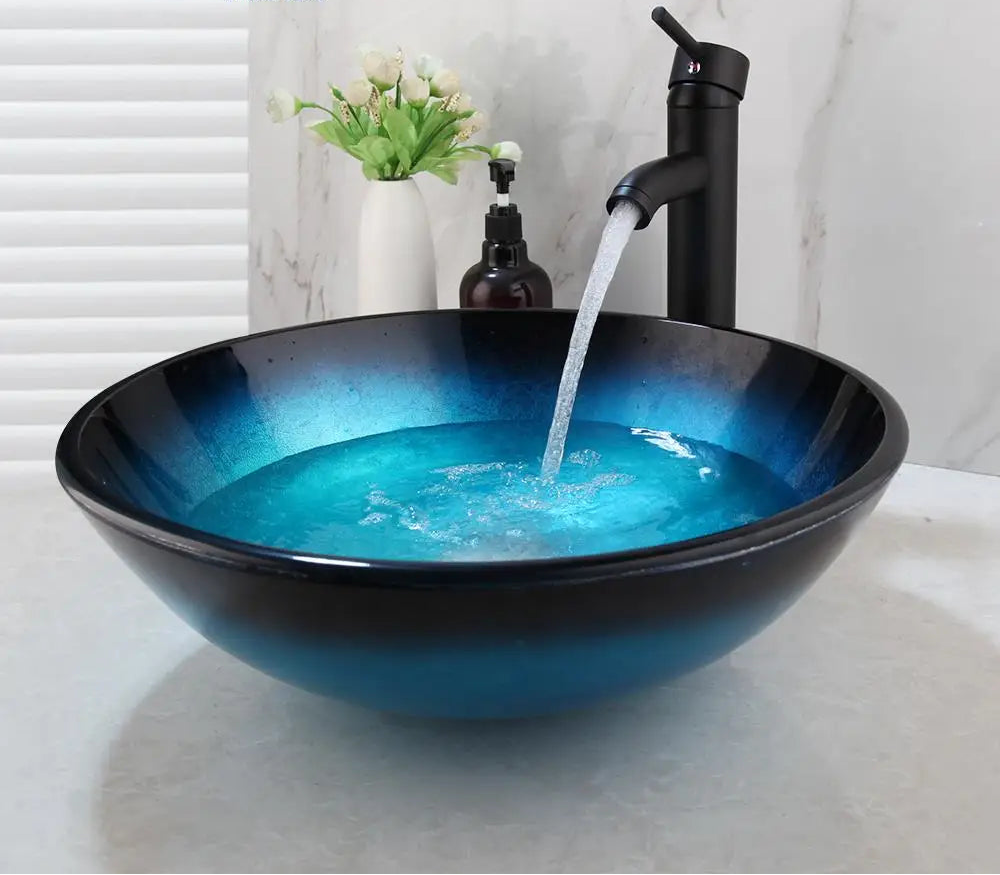 ZAPPO Tempered Glass Bathroom Vessel Sink with Waterfall Black Faucet Tap Bathroom Oval Blue Vessel Sinks Above Counter Basin