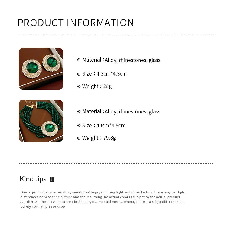 Inlaid Rhinestone Glass Round Green Jewelry Sets for Women Necklace Emerald Light Luxury Collarbone Chain Earrings Set Wedding