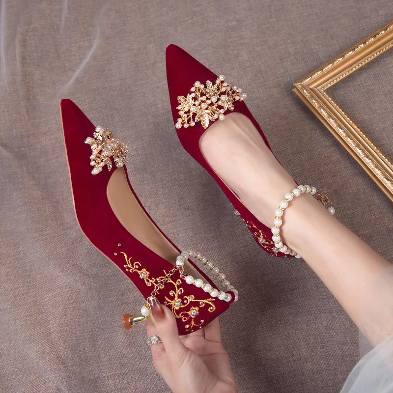 Women Red High Heel Shoes Elegant Fashion Designer Pointed Tip Fine High Heels Women Water Diamond Banquet Wedding Shoes Tacones