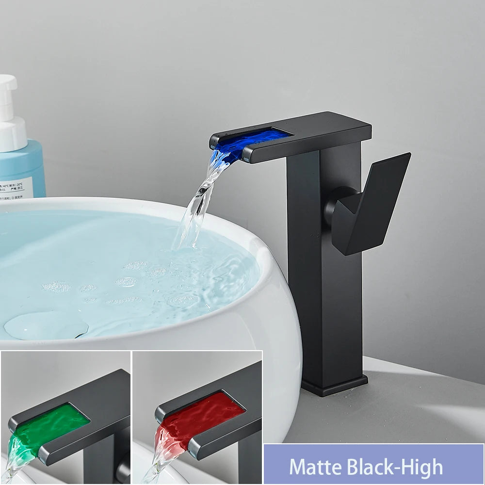 LED Bathroom Sink Faucet Brass Waterfall Faucet BlackBathroom Hot/Cold Mixer Crane Deck Mounted Wash Sink Taps Single Handle Tap