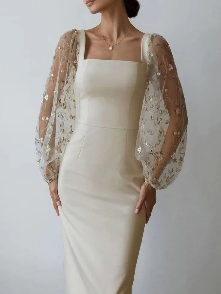 Elegant Dresses 2025 Woman Temperament Vestidos Largos French Dress Simple Style Solid Color Package Hip Patchwork Puff Sleeves