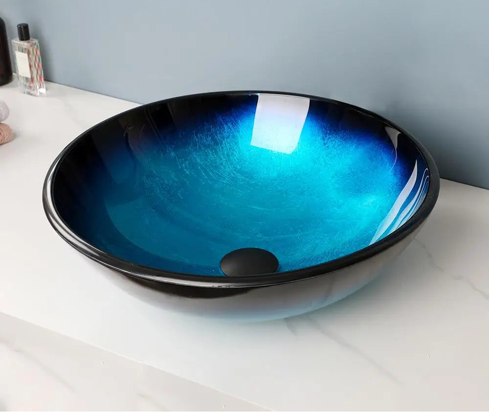 ZAPPO Tempered Glass Bathroom Vessel Sink with Waterfall Black Faucet Tap Bathroom Oval Blue Vessel Sinks Above Counter Basin