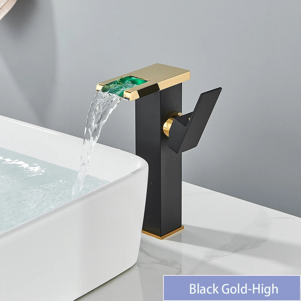 LED Bathroom Sink Faucet Brass Waterfall Faucet BlackBathroom Hot/Cold Mixer Crane Deck Mounted Wash Sink Taps Single Handle Tap