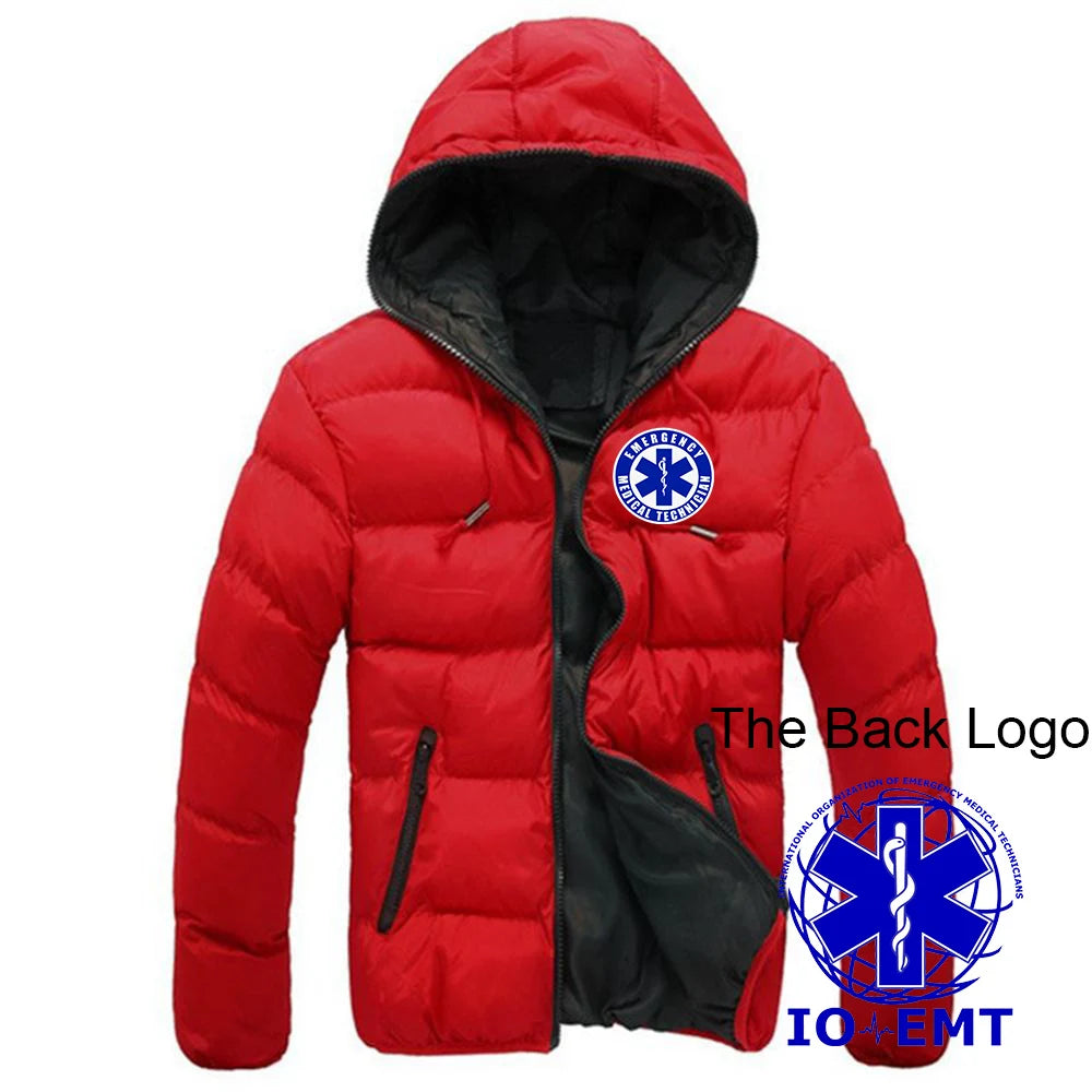 2025 Autumn Winter EMT Emergency Ambulance Print Contrast Color Design Cotton Jacket Men Casual Hooded Cold Prevention Down Coat