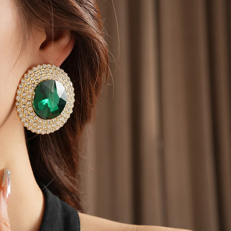 Inlaid Rhinestone Glass Round Green Jewelry Sets for Women Necklace Emerald Light Luxury Collarbone Chain Earrings Set Wedding