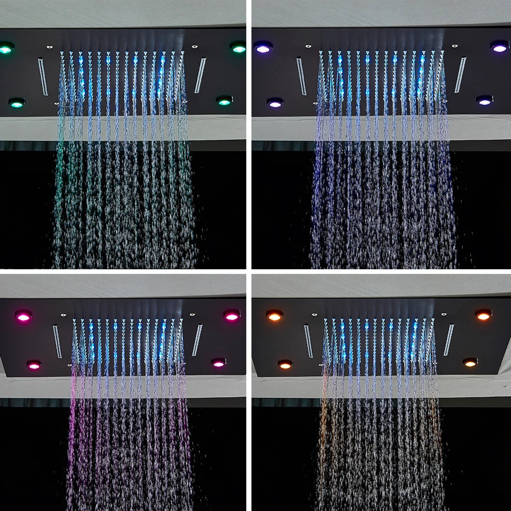 Black Thermostatic Bathroom Shower Faucet Set Remote LED Rainfall Head Faucets Crane 3 Way Concealed Embedded Hot Cold Mixer Tap