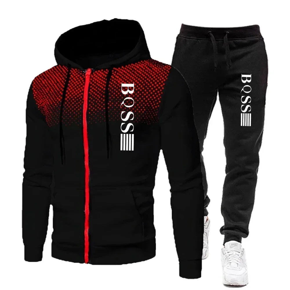 Fashion Print Tracksuit for Men Zipper Hooded Sweatshirt and Sweatpants Two Pieces Suits Male Casual Fitness Jogging Sports Sets
