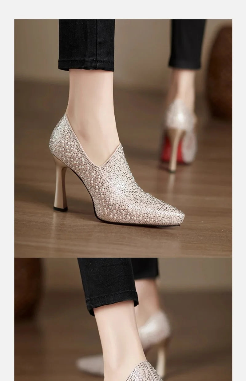 Rhinestone High Heels Shoes Sexy Pointed Toe High Heel Single Shoe Luxury Pearl Crystal Wedding Shoe Champagne Pumps Bride Shoes
