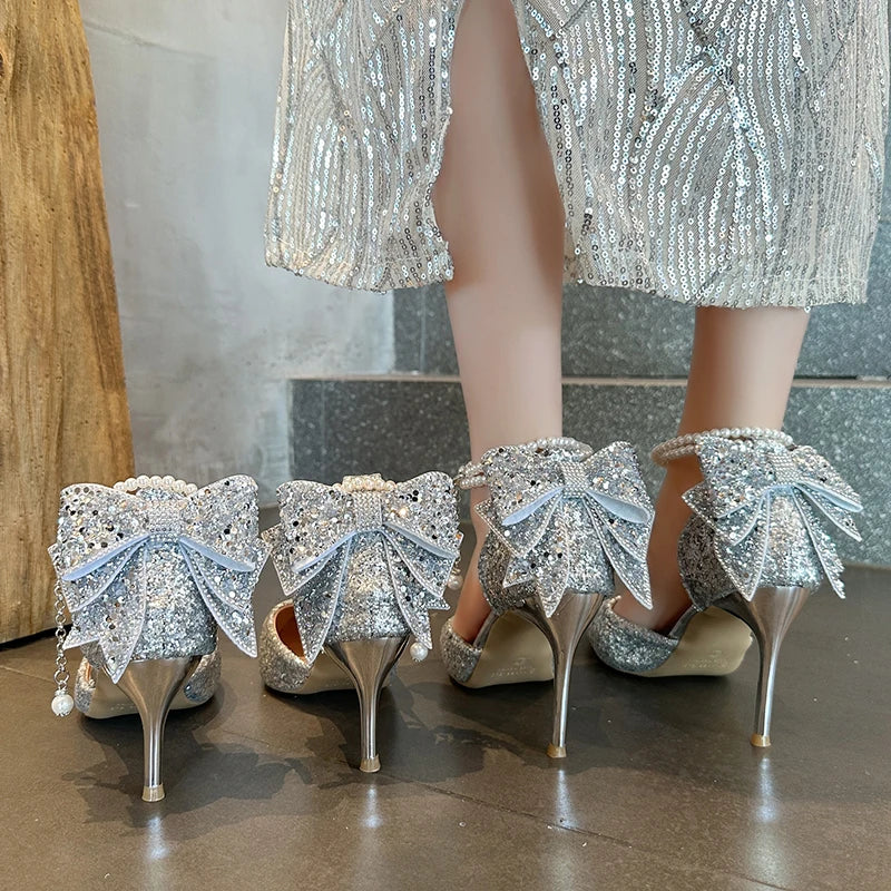 French new pointy shallow mouth temperament elegant sequin bow high heels women&