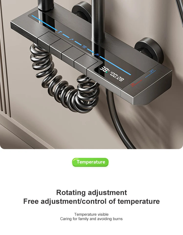 Grey Piano Button Ambient Light Bathroom Shower Full Set Digital Display Shower System Sets Rain Faucets Shower Head