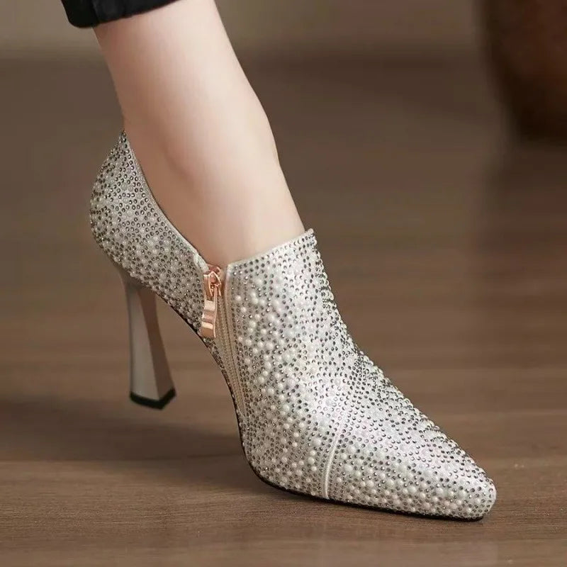 Rhinestone High Heels Shoes Sexy Pointed Toe High Heel Single Shoe Luxury Pearl Crystal Wedding Shoe Champagne Pumps Bride Shoes