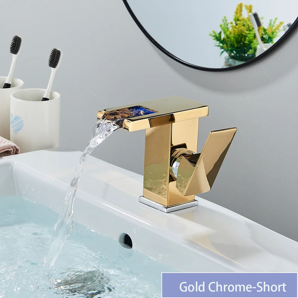 LED Bathroom Sink Faucet Brass Waterfall Faucet BlackBathroom Hot/Cold Mixer Crane Deck Mounted Wash Sink Taps Single Handle Tap