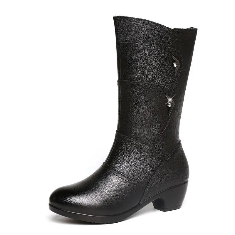 Women Mid-calf Boots Wedge-heeled Soft Leather Mother Shoes Winter Velvet Snow Women Boots Side Zipper Thick Heeled Punk Boots