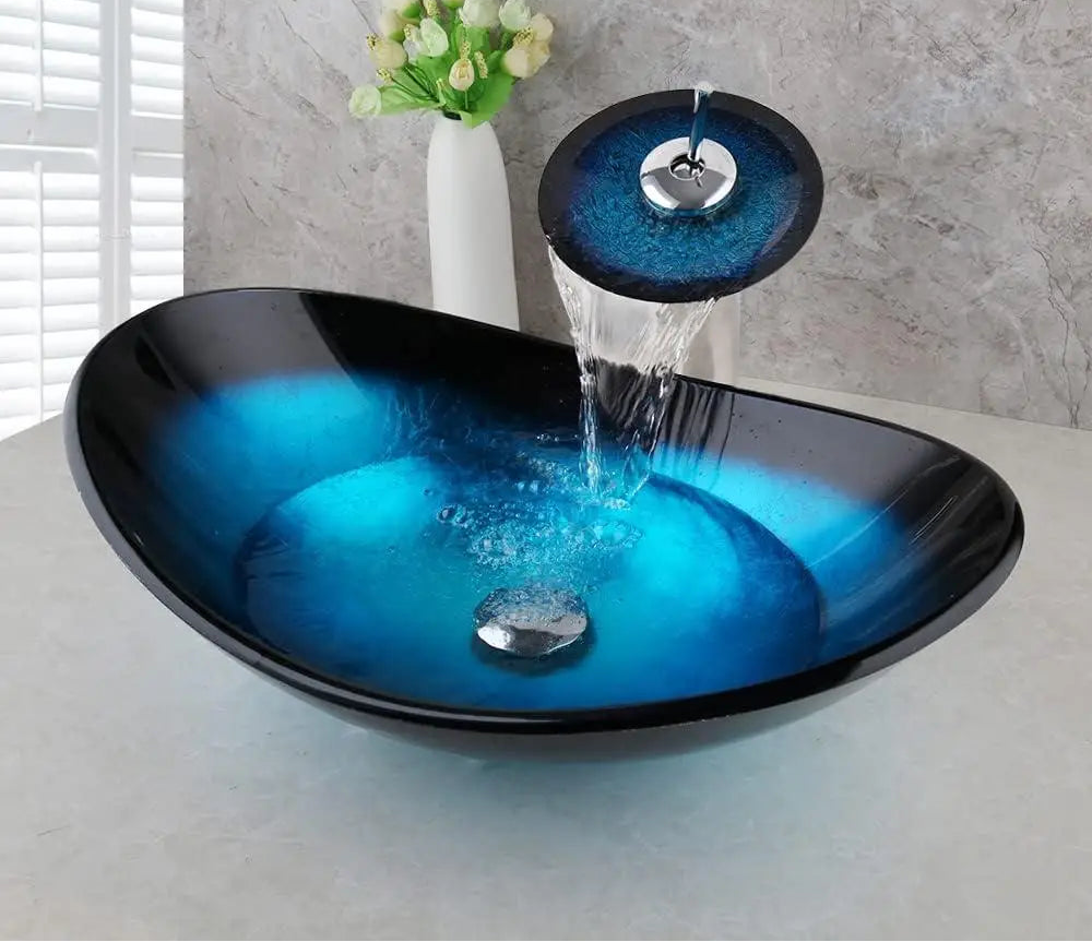 ZAPPO Tempered Glass Bathroom Vessel Sink with Waterfall Black Faucet Tap Bathroom Oval Blue Vessel Sinks Above Counter Basin