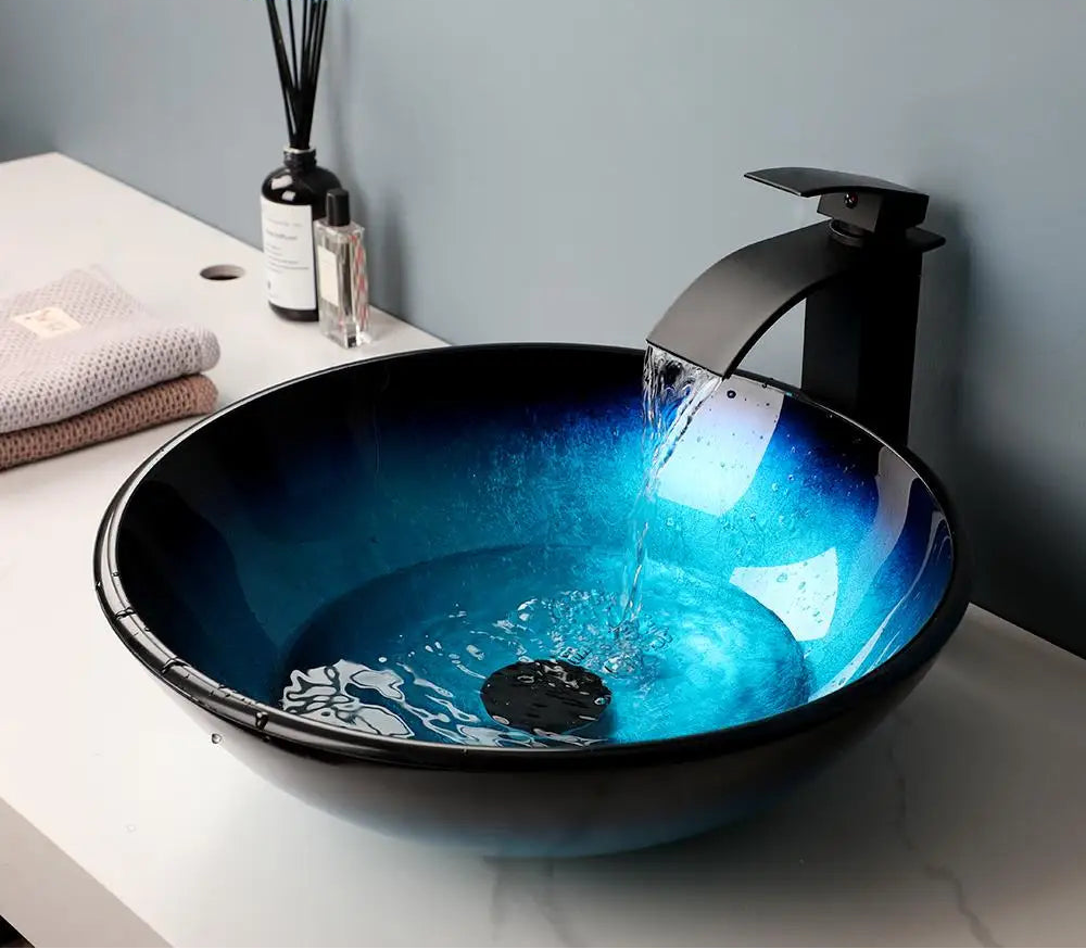 ZAPPO Tempered Glass Bathroom Vessel Sink with Waterfall Black Faucet Tap Bathroom Oval Blue Vessel Sinks Above Counter Basin