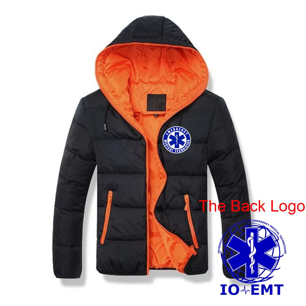 2025 Autumn Winter EMT Emergency Ambulance Print Contrast Color Design Cotton Jacket Men Casual Hooded Cold Prevention Down Coat