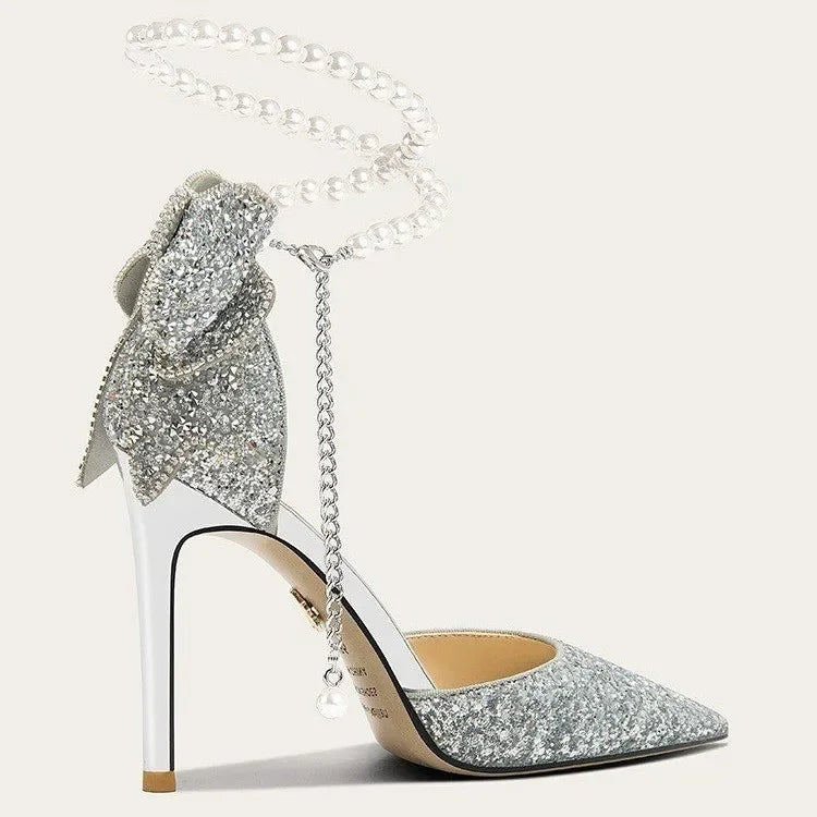 French new pointy shallow mouth temperament elegant sequin bow high heels women&