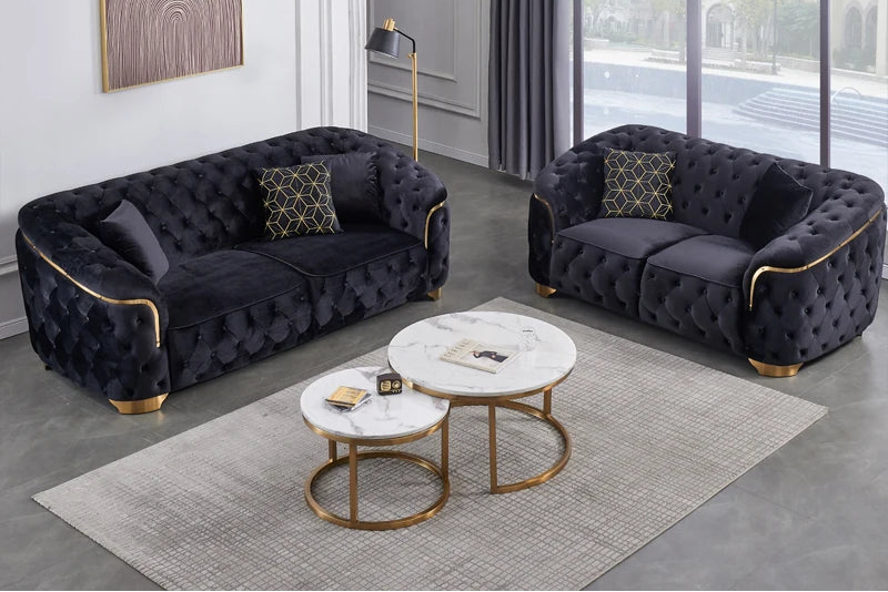 Modern luxury velvet Chesterfield Lounge sofa set with gold base and wooden legs for villa living room