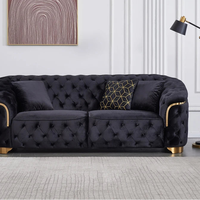 Modern luxury velvet Chesterfield Lounge sofa set with gold base and wooden legs for villa living room