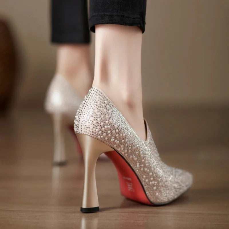 Rhinestone High Heels Shoes Sexy Pointed Toe High Heel Single Shoe Luxury Pearl Crystal Wedding Shoe Champagne Pumps Bride Shoes