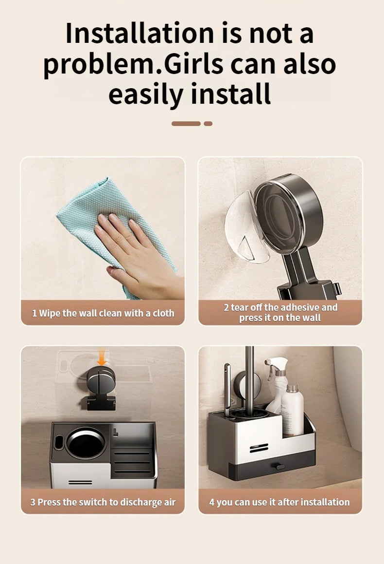 Wall-Mounted Bathroom Storage Rack With Suction Cup Toilet Brush No Drilling Required - New Toilet Brush For Spotless Cleaning