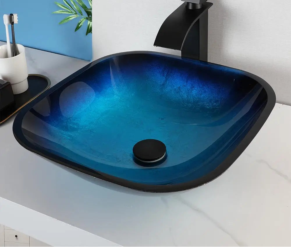 ZAPPO Tempered Glass Bathroom Vessel Sink with Waterfall Black Faucet Tap Bathroom Oval Blue Vessel Sinks Above Counter Basin