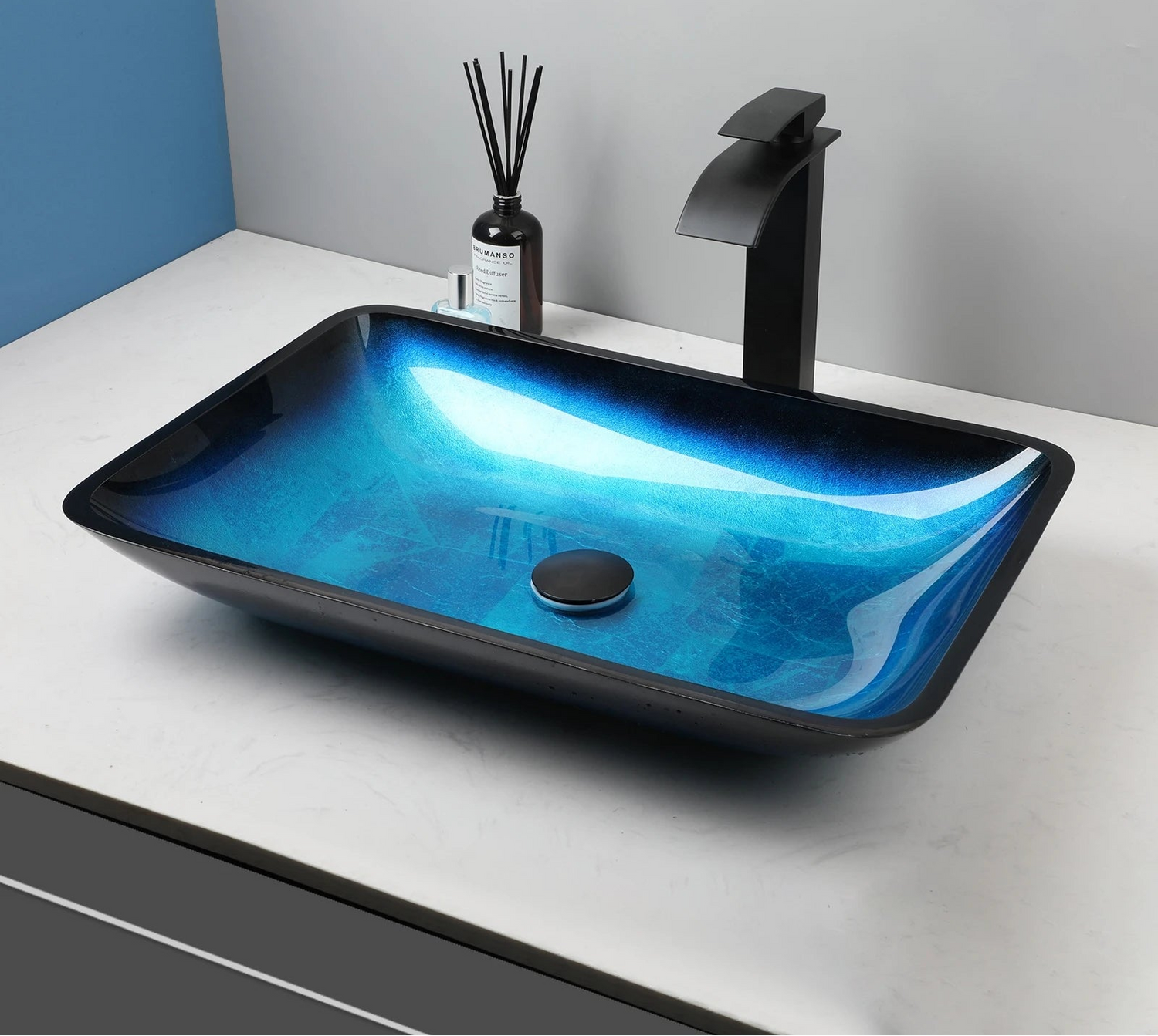 ZAPPO Tempered Glass Bathroom Vessel Sink with Waterfall Black Faucet Tap Bathroom Oval Blue Vessel Sinks Above Counter Basin