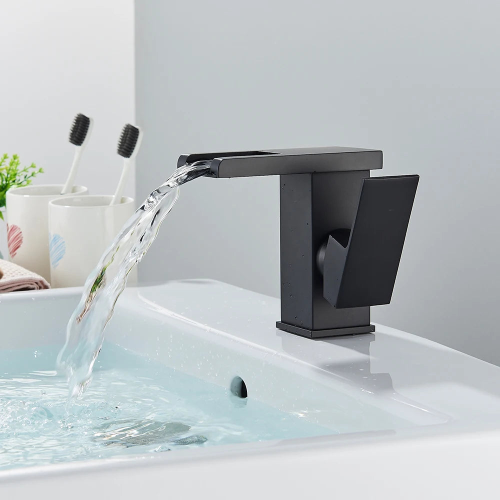 LED Bathroom Sink Faucet Brass Waterfall Faucet BlackBathroom Hot/Cold Mixer Crane Deck Mounted Wash Sink Taps Single Handle Tap