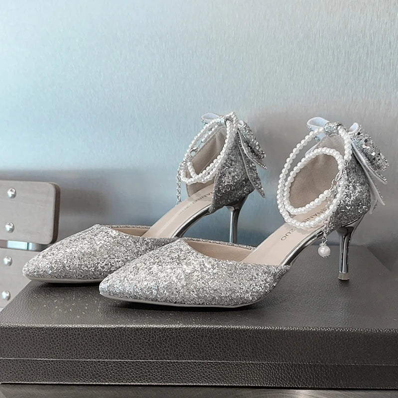French new pointy shallow mouth temperament elegant sequin bow high heels women&