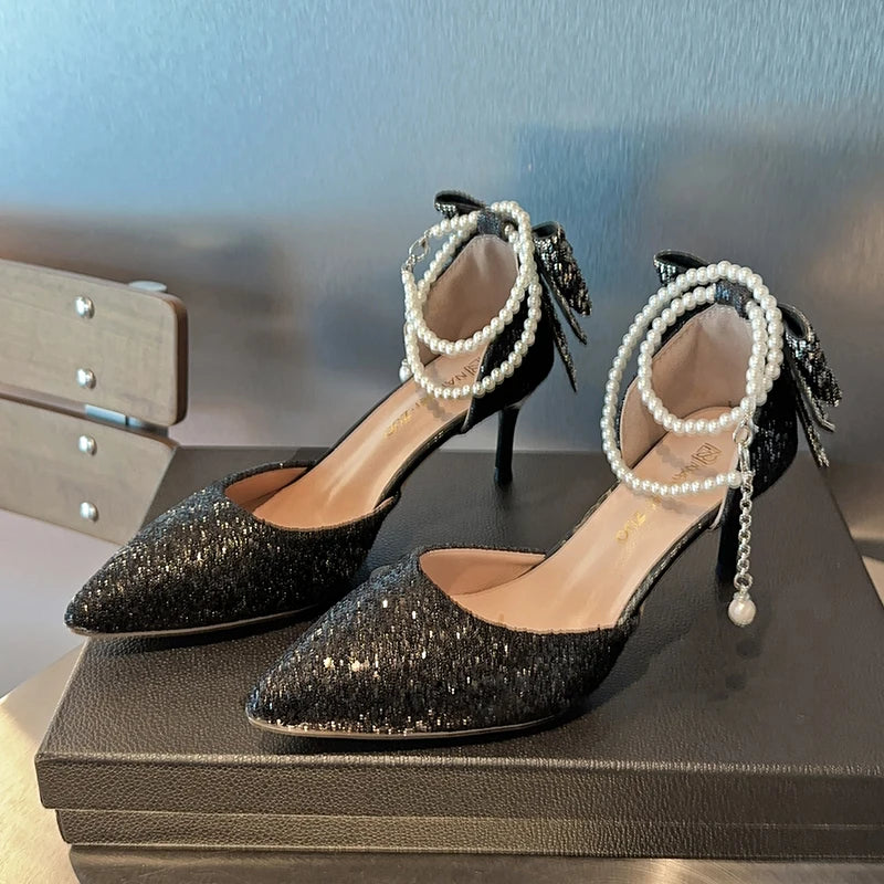 French new pointy shallow mouth temperament elegant sequin bow high heels women&