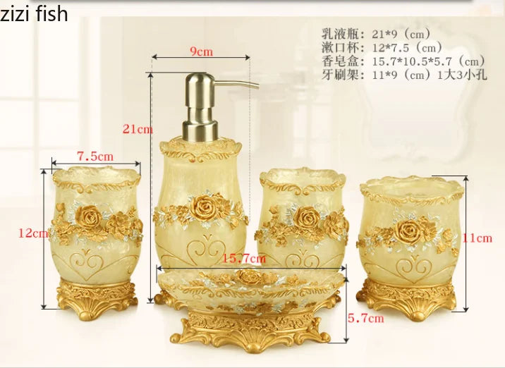 European Resin Household Bathroom Set Soap Dispenser Tooth Brush Holder Cup Soap Dish Tray Toilet Brush Wastebin Storage Set