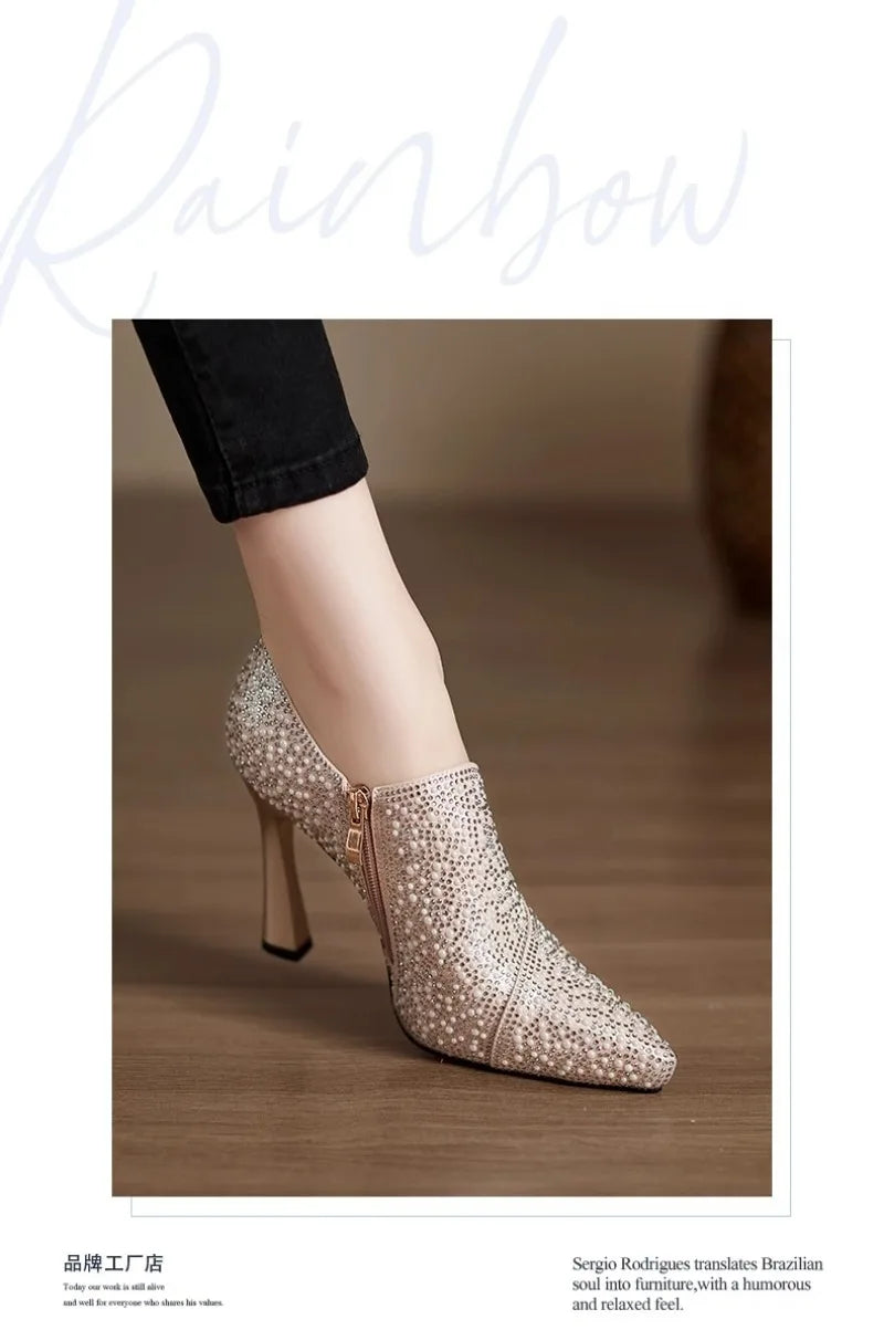 Rhinestone High Heels Shoes Sexy Pointed Toe High Heel Single Shoe Luxury Pearl Crystal Wedding Shoe Champagne Pumps Bride Shoes